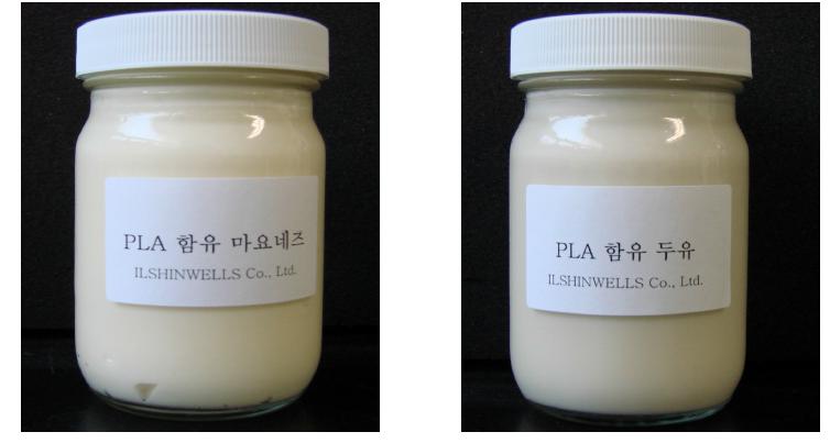 Mayonnaise (left) and soybean milk (right) produced using monoglyceride synthesized from PLA.