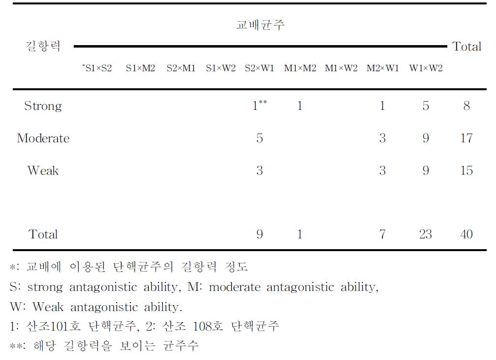 교배에 사용된 단핵균주의 Trichodermaatroviride에 대한 길항력에 따른 교배균주의 길항력 비교