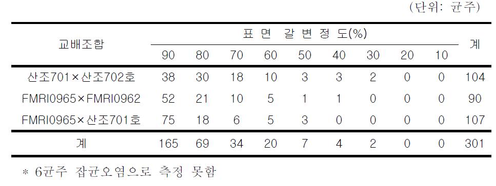 2008년 육성 교배균주의 톱밥배지 표면갈변 정도별 균주수