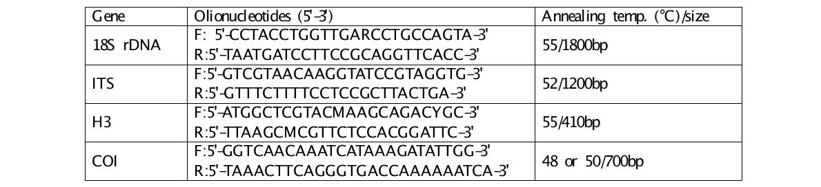 PCR 반응에 사용한 각 유전자 primer 목록 및 annealing temperature