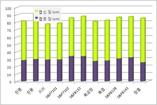 시험 2.월동 후 2차 수확 품종별 엽초장 및 엽신장 비교