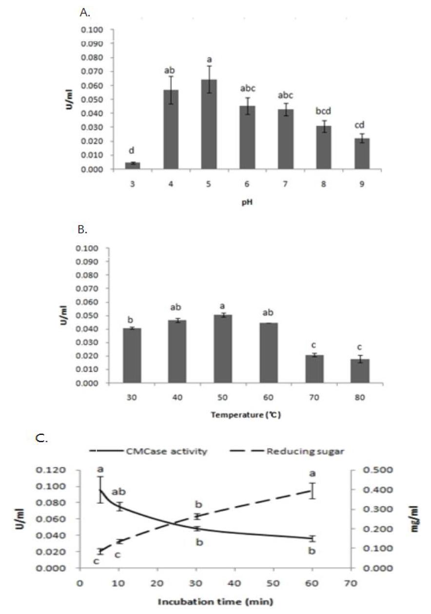 Effects of pH, temperature and incubation time on CMCase activity of Bacillus sp.#6
