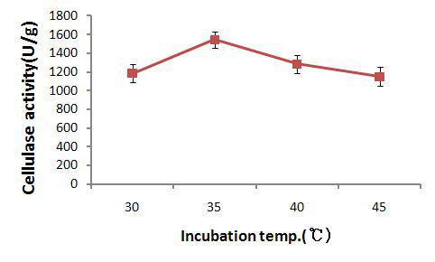 Effect of incubation temperature on the production of cellulase by B. subtilis #6