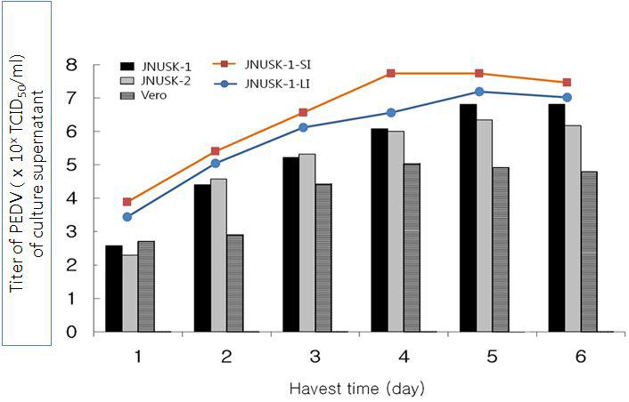 Titers ofPEDV in various culture supernatants.JNUSK-1 was about100times moresensitivetoproducePEDV thanverocellline.Smallintestinesoupaddedinculture producemorePEDV.