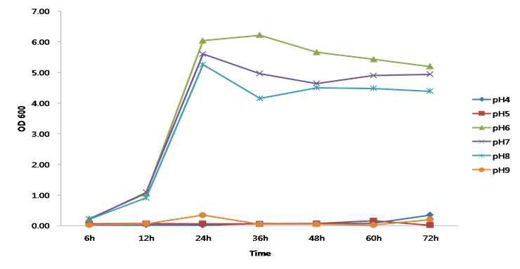 Change of propagation of 603 isolate according to the initial pH of Molasses broth medium.