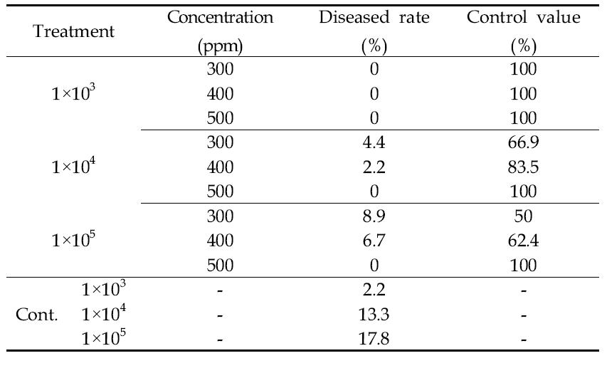 Control effects of antifungal compound against Penicillium digitatum treated with different inoculum density on citrus strored at 22℃, 5 days after inculation.