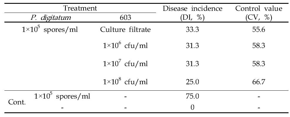 Control effect of 603 with different concentration against P. digitatum on citrus at 23℃, 7 days after inoculation.