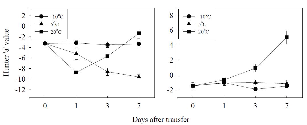 The effect of storage temperature change on Hunter ‘a’ values of crushed garlic bulbs.