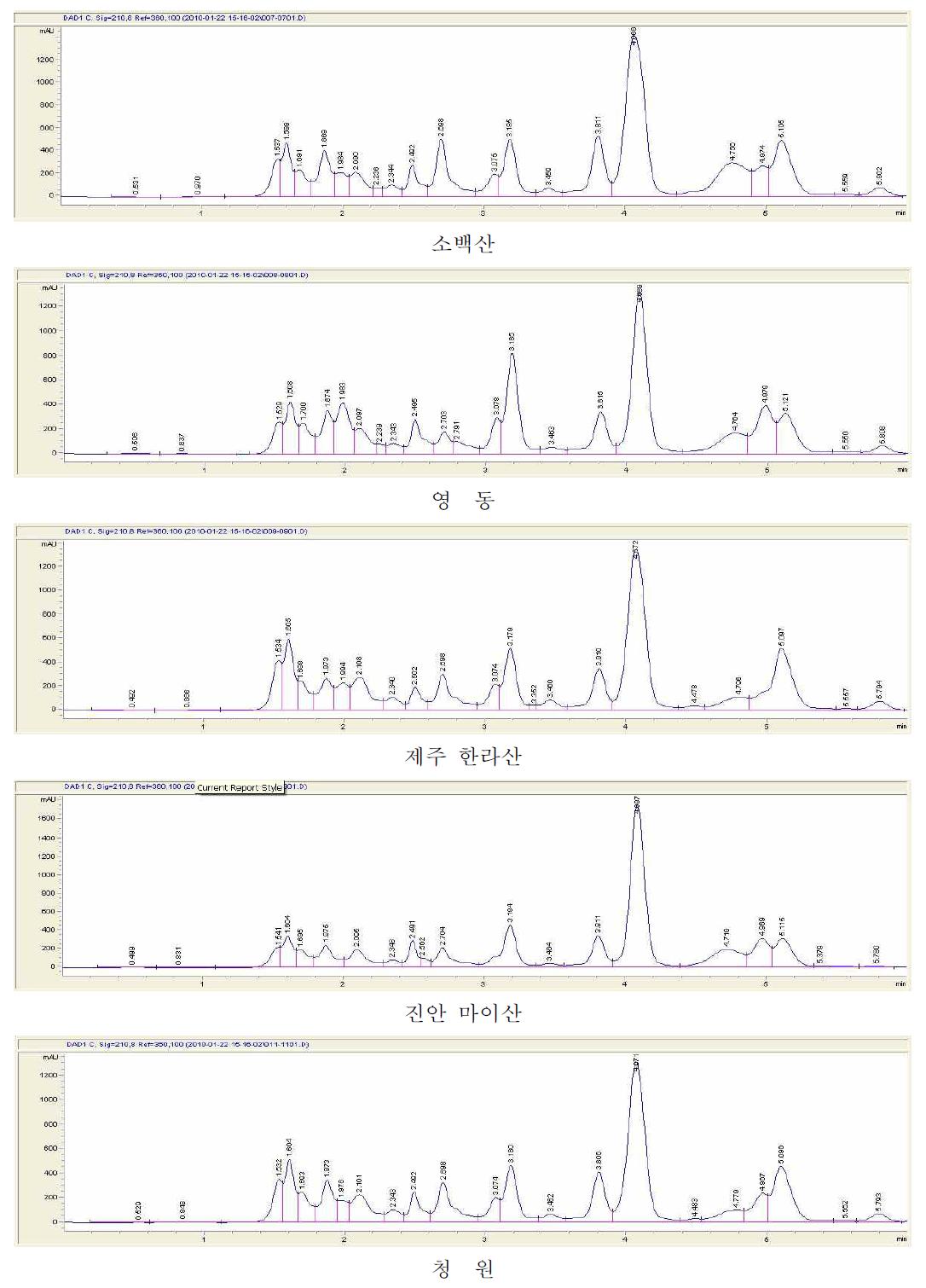 HPLC를 이용하여 분석한 표고의 유기산 크로마토그램