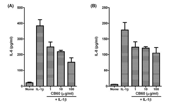 The effect of glucosylceramide on the expression of proinflammatory cytokine, IL-6 (A) and IL-8 (B), in FLS cells.