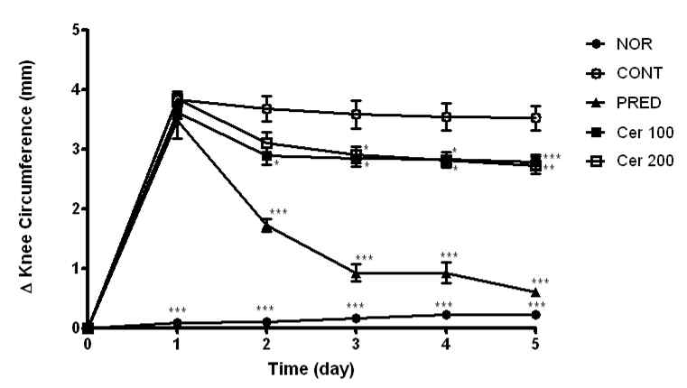 Effect of glucosyl ceramide on knee circumference in carrageenan-induced arthritis rats