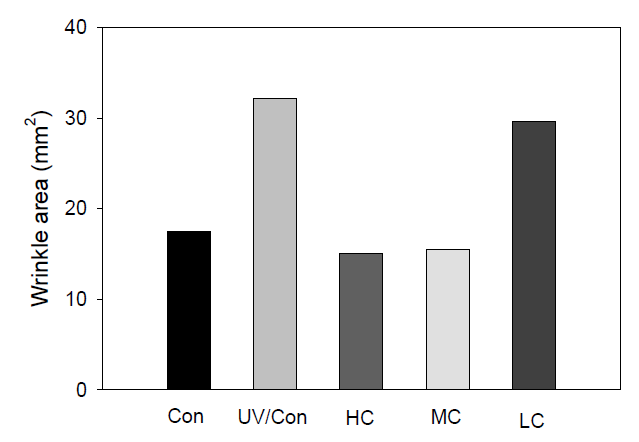 Effect of ceramide on the wrinkle area of hairless mice exposed to the chronic UV irradiation.