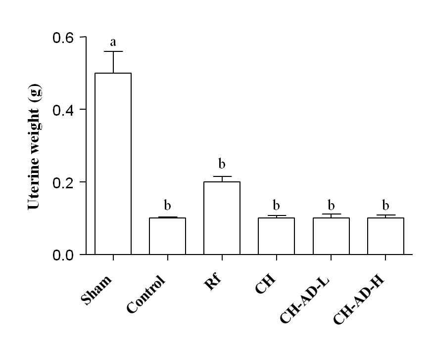 Effect of orally injected of CH and CH-AD (2.5 or 23 mg/kg/day) on uterine weight in OVX SD rat