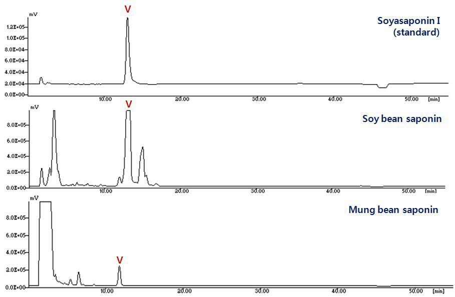 HPLC/UV(a)와 HPLC/ELSD(b)에 의한 녹두의 사포닌 profile.