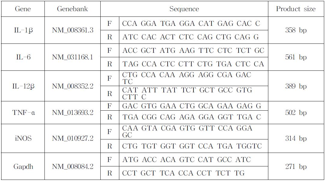 녹두 추출물의 대식세포 항염증 활성 측정 방법에 사용된 RT-PCRprimerset.