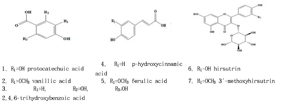 Structuresofnon-anthocyanincompoundsisolatedfromthepurplecornkernel; prothocatechuic acid (1), vanillic acid (2), 2,4,6-trihydroxy benzoic acid (3), p-hydroxycinnamicacid(4),ferulicacid(5),hirsutrin(6),3`-methoxyhirsutrin(7).