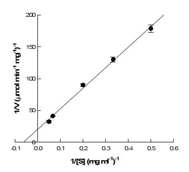 Lineweaver-Burk plot of endo-1,5-α-L-arabinanase from C. saccharolyticus for debranched arabinan.