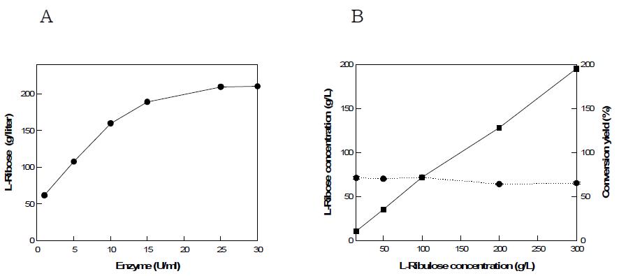 (a) Effect of enzyme activity on the production and conversion yield of L-ribose by B. subtilis mannose-6-phosphate isomerase. (b) Effect of substrate concentration on production (●) and conversion yield (■) of L-ribose by B. subtilis mannose-6-phosphate isomerase.