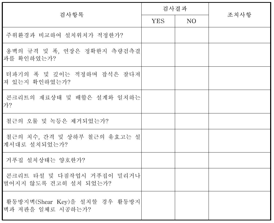 생태옹벽 기초공 체크 항목