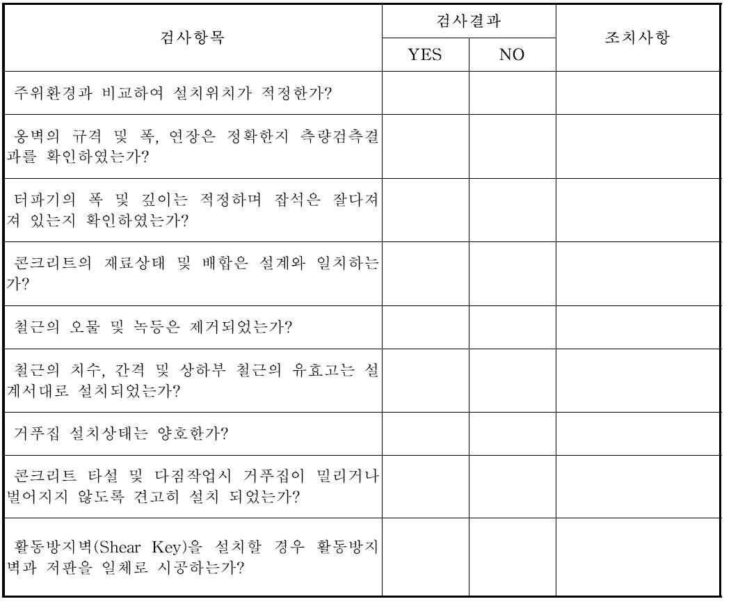 생태옹벽 기초공 체크 항목