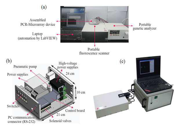 PCR-Microarray 와 휴대용 유전자 진단기 및 형광검출기의 통합시스템 구현도