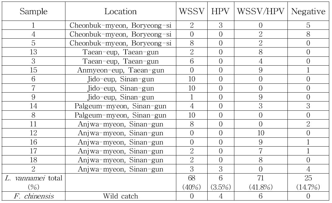 2011년도 한국의 17개 사육장에서 WSSV 및 HPV의 검출율