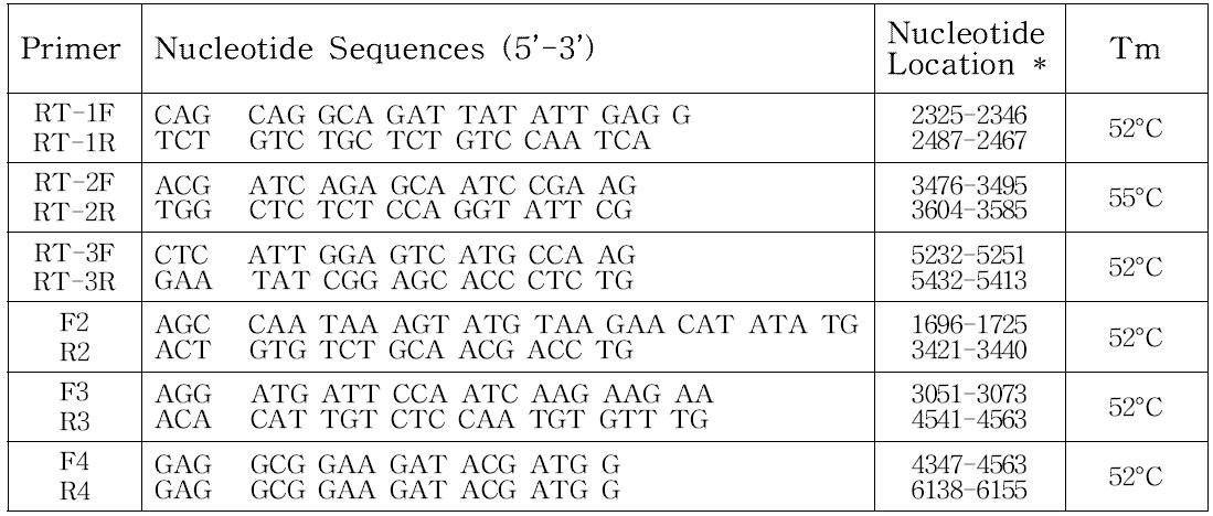 본 실험에 사용된 프라이머의 뉴클레오티드 서열, 위치 및 Tm
