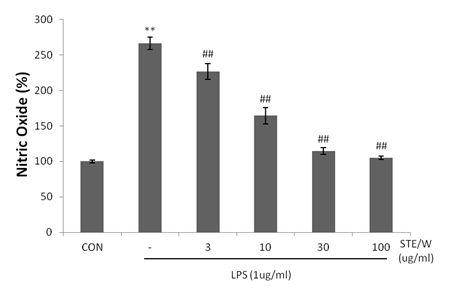 Effects of STE/W on the production of NO in LPS stimulated RAW 264.7 cells.