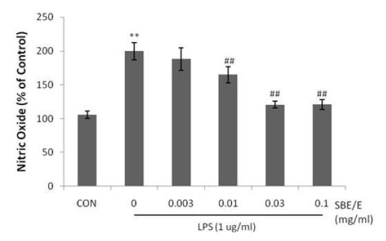 Effects of SBE/E on the production of NO in LPS stimulated RAW 264.7 cells.