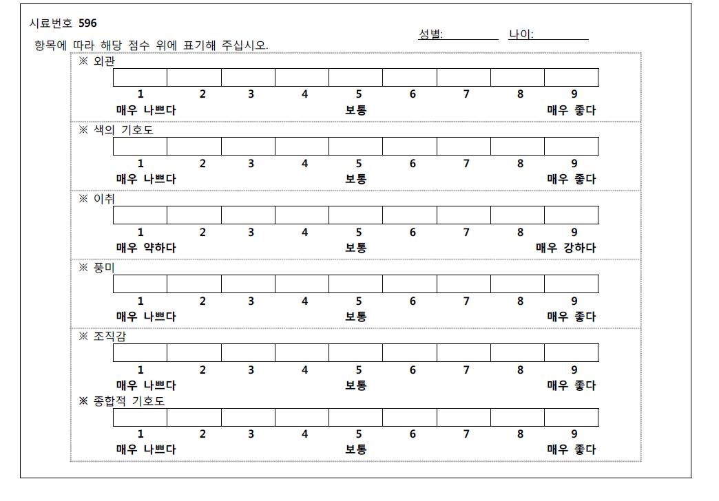 제품의 저장 중 관능검사표