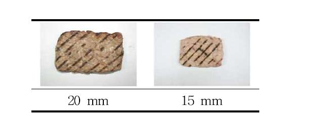 제품두께에 따른 떡갈비의 외관