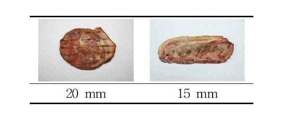 제품두께에 따른 너비아니 제품의 외관