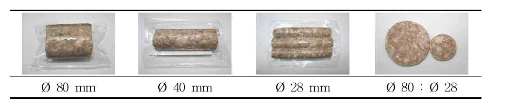 크기(직경)에 따라 제조된 편육제품의 외관