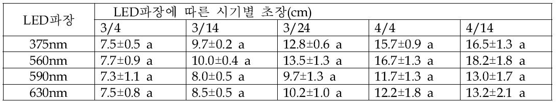 LED광 파장에 따른 시기별 배추의 초장 변화