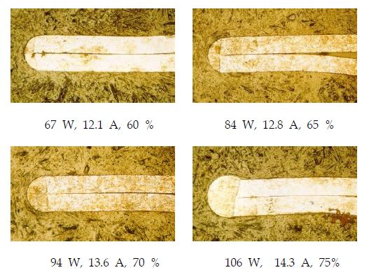 레이저 출력의 변화에 따른 벨로우즈 용접부의 단면 변화(Duty 90 %, Rate 120 Hz, RPM 10, Focus Point 0)
