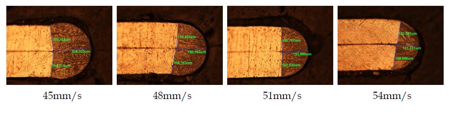 Power 210W일 때 속도 변화에 따른 용접부 단면 형상