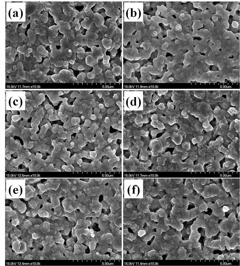 SEM images of the samples sintered at 1,350 ℃: sample (a) SO, (b) N1, (c) N2, (d) N3, (e) N4, and (f) N5.
