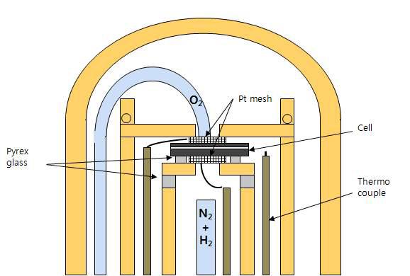 A schematic diagram of the apparatus for the measurement of electrical properties of the prepared anode supported single cells.