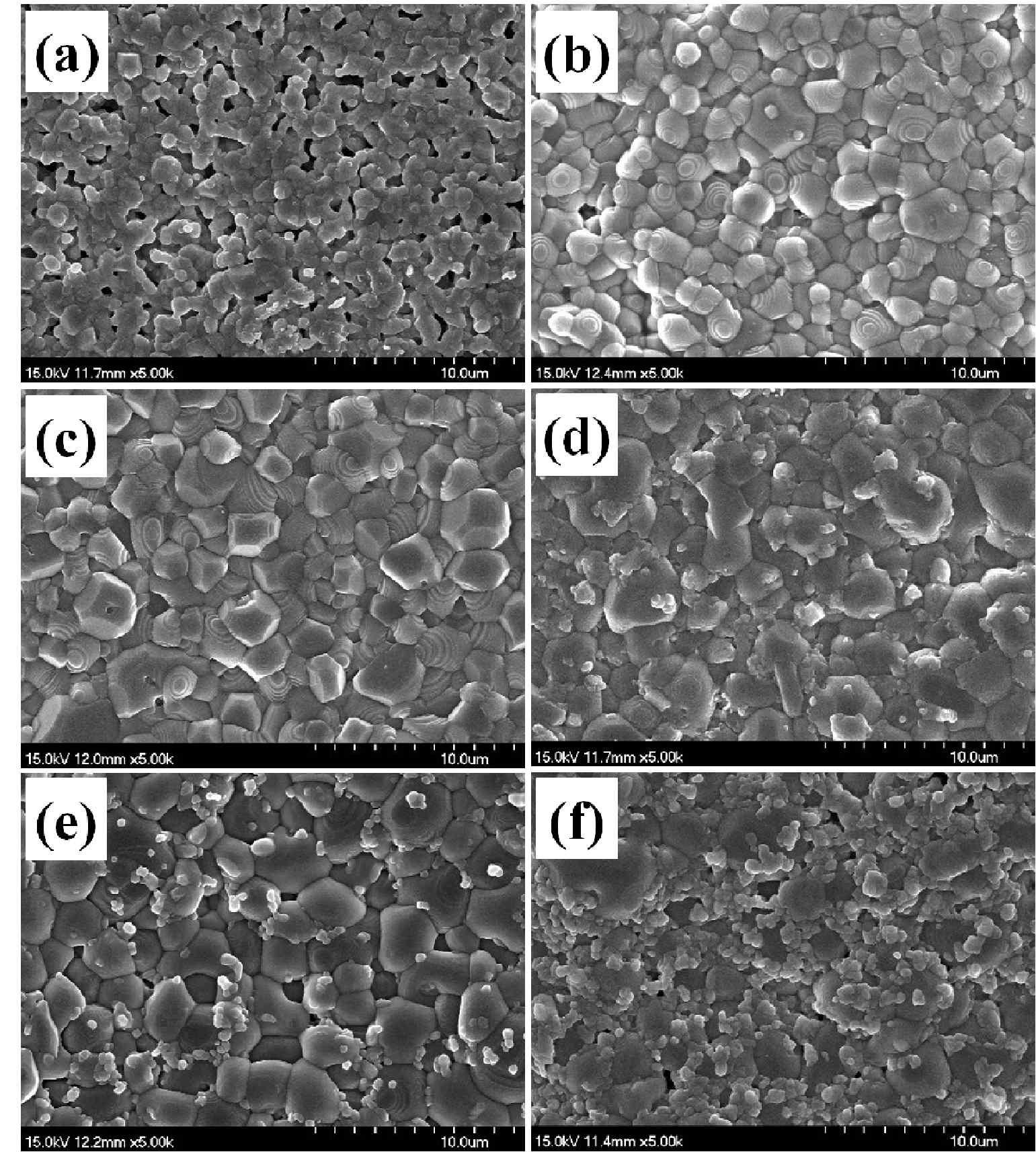 SEM images of the samples sintered at 1,350 ℃: sample (a) SO, (b) W1, (c) W2, (d) W3, (e) W4, and (f) W5.
