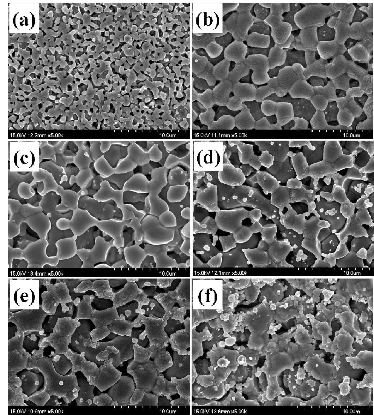 SEM images of the samples sintered at 1,400 ℃ followed by a reduction at 1,000℃: sample (a) SO, (b) W1, (c) W2, (d) W3, (e) W4, and (f) W5.