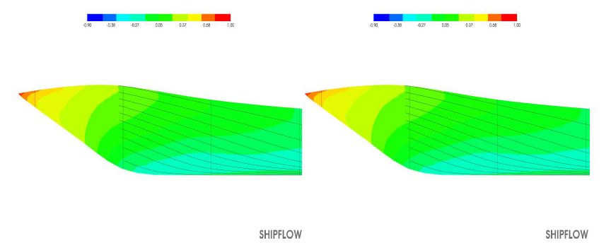 Comparison of potential flow streamlines (BF1+LS, side bow view)