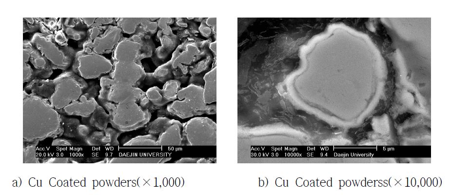 Cross-section images of Cu plated SUS 304L composite powders.