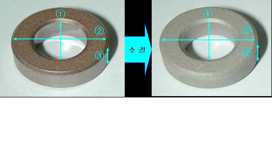 Ring shape specimens before and after sintering