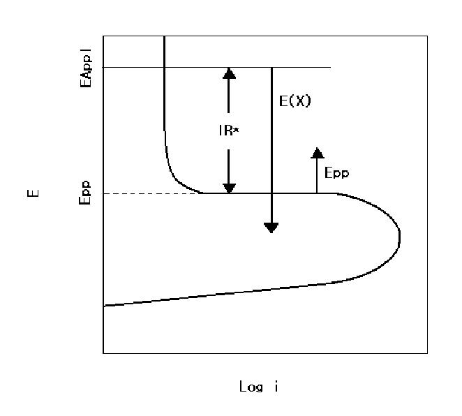 A schematic diagram illustrating the electrochemical condition existing within the