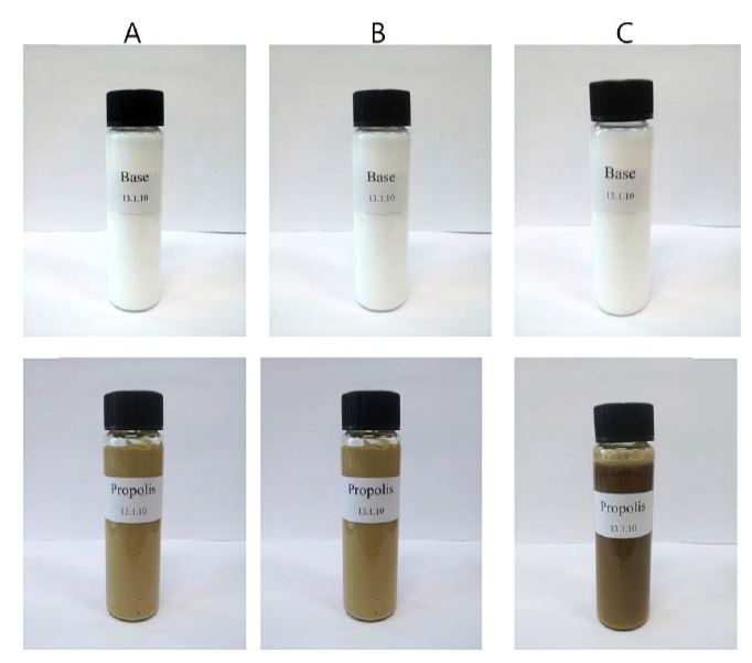 Photographs propolis extraction cosmetic formulation at 25±2℃ and 40±2℃ after 0 or 6 weeks.