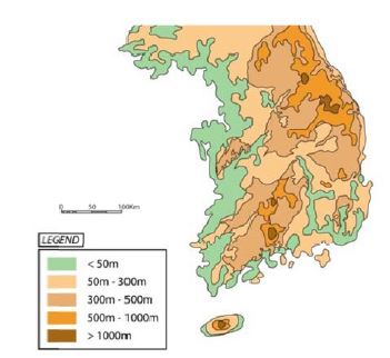 한반도의 산지 분포도