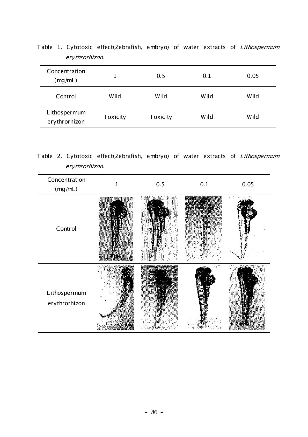 Cytotoxic effect(Zebrafish, embryo) of water extracts of Lithospermum