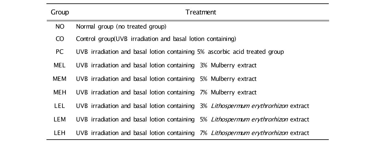 Experimental groups of SKH-1 hairless mice