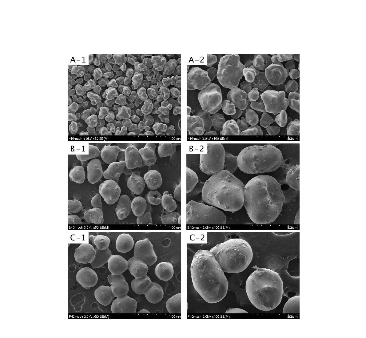 Scanning electron micrograghs of granulated Mulberry, Blueberry and S.chinensis Baillon. granulated Mulberry(A-1), granulated Blueberry(B-1),