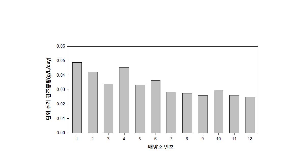 각 실험조건에서의 단위 부피당 1일 수거량